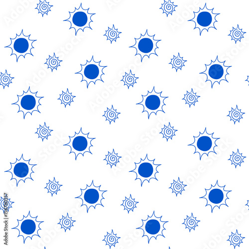 Whimsical sun and spiral pattern creating a seamless design ideal for backgrounds, textiles, and graphic projects requiring a lighthearted, playful aesthetic.