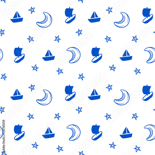 Charming nautical pattern with boats, moons, and stars creates a whimsical, seamless design perfect for backgrounds or textile prints.