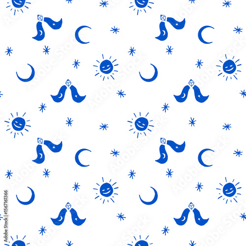 Whimsical celestial seamless pattern featuring moons, stars, suns, and mystical figures in a simple blue and white color palette.