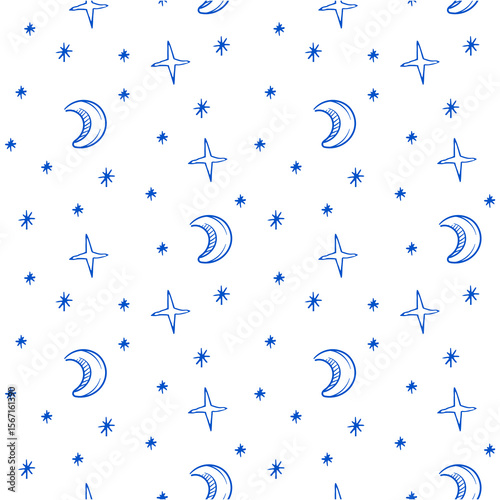Whimsical night sky themed seamless pattern featuring hand-drawn moons, stars, and celestial elements ideal for creative backgrounds.