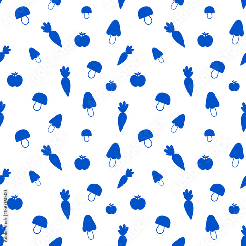 Playful pattern with blue apples, carrots, and mushrooms scattered, ideal for textiles, wallpaper, or background design projects.