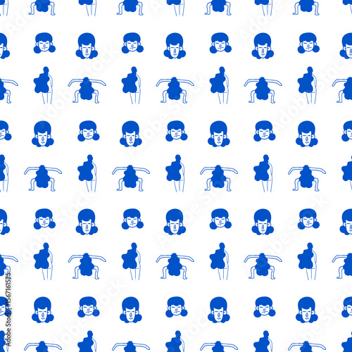 Playful woman pattern graphic design, ideal for apparel, textiles, and surface applications; vibrant color and simple shapes add an expressive accent.
