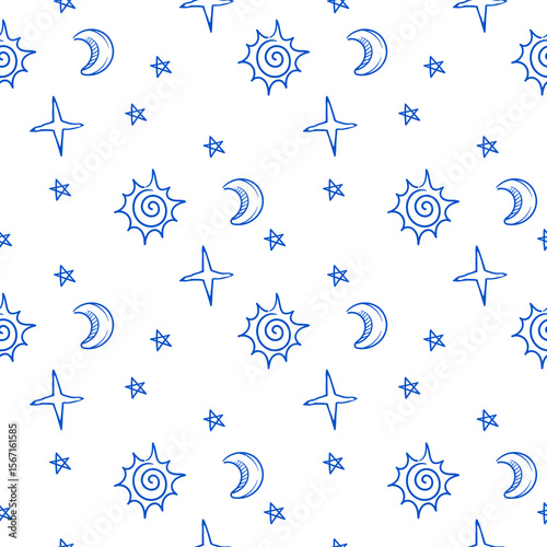 Celestial seamless pattern with sun, moon, and stars in doodle style, perfect for astronomy themed backgrounds and creative projects.