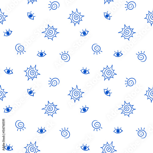 Seamless pattern shows hand drawn sun, swirl and eye shapes, great for backgrounds, fabric design, wallpaper and textile prints.