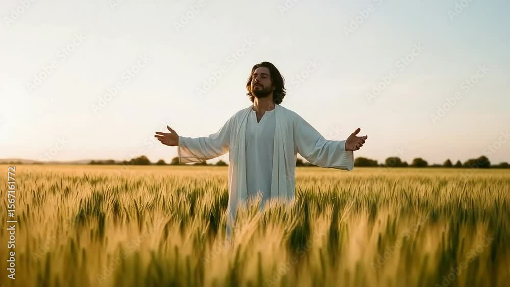 A tranquil man in white robes stands with open arms in a sunlit golden grain field. A tranquil man in white robes stands with open arms in a sunlit golden grain field.