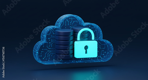 Cloud Security: A sleek, digital rendering of a cloud-shaped data center, secured by a luminous padlock, symbolizing protection and safeguarding information.