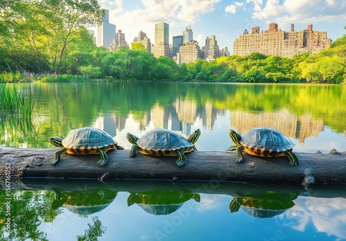 red ear slider turtles on a log in a lake (prospect park pond brooklyn new york animals reptile wildlife) beautiful nature urban park green water summer view