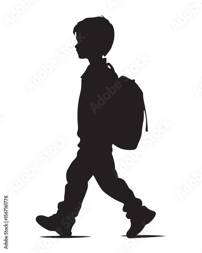 silhouette of a boy walking with a school bag or backpack