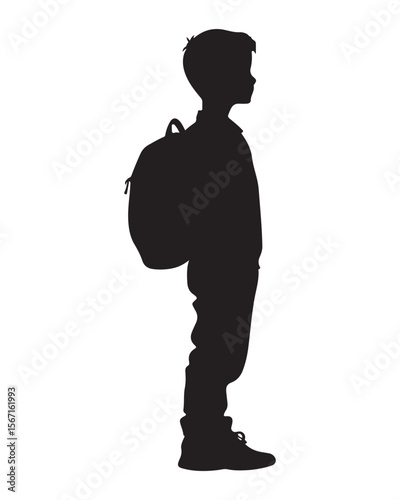 silhouette of a boy walking with a school bag or backpack