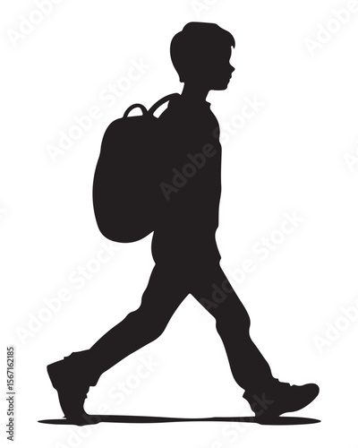 silhouette of a boy walking with a school bag or backpack