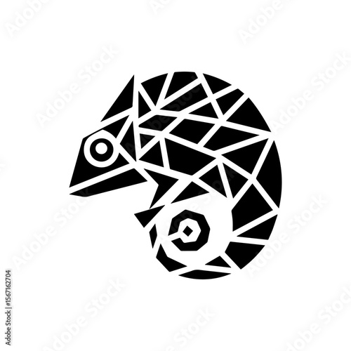 Geometric chameleon illustration with polygonal design, black silhouette on a white background.