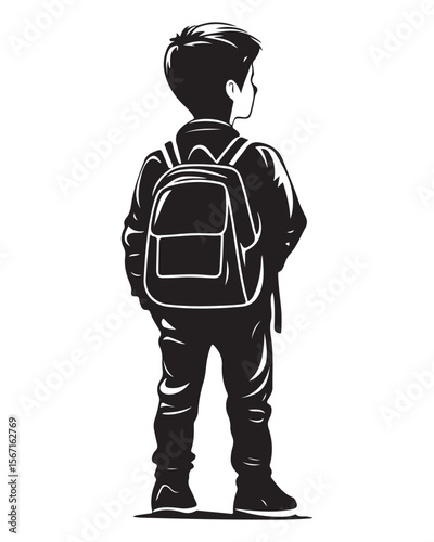 silhouette of a boy walking with a school bag or backpack