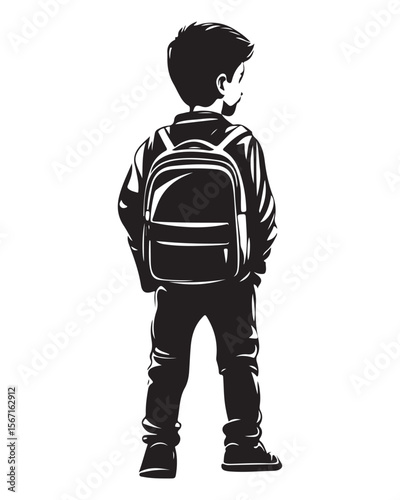 silhouette of a boy walking with a school bag or backpack