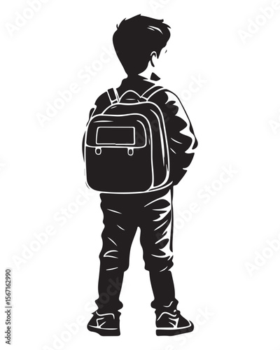 silhouette of a boy walking with a school bag or backpack