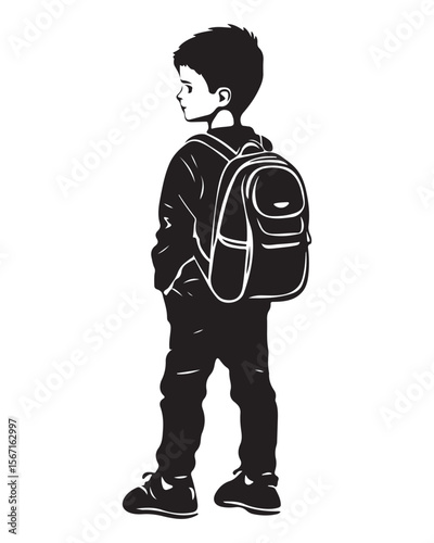 silhouette of a boy walking with a school bag or backpack
