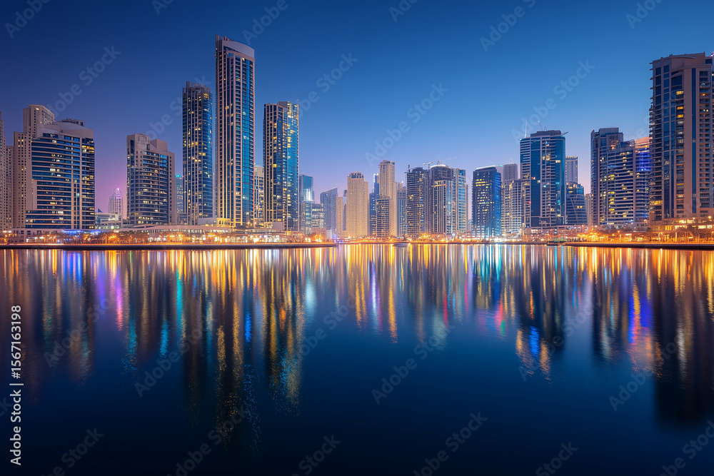 Fototapeta premium Panorama City skyline at blue hour with colorful reflections
