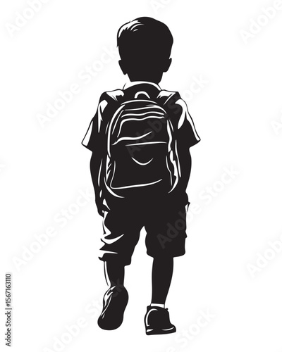 silhouette of a boy walking with a school bag or backpack