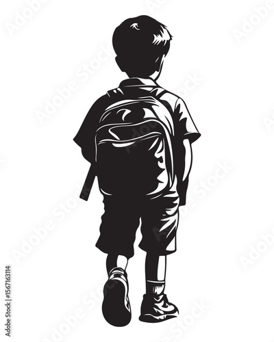 silhouette of a boy walking with a school bag or backpack
