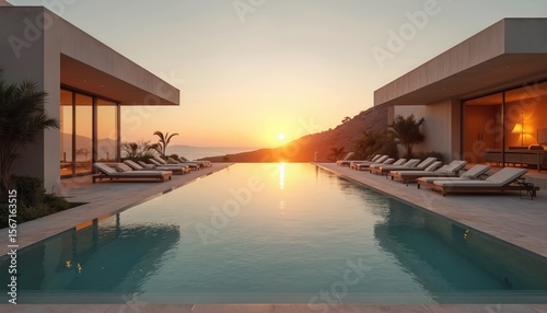 Fototapeta Naklejka Na Ścianę i Meble -  Luxury villa features swimming pool with sunbeds at sunset. Modern stylish design, tranquil evening scene at holiday resort. Serene atmosphere, relaxation, travel, leisure, exclusive escape to