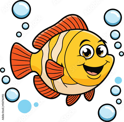 Cute cartoon clownfish vector illustration with smiling face and bubbles for kids ocean animal design and underwater art