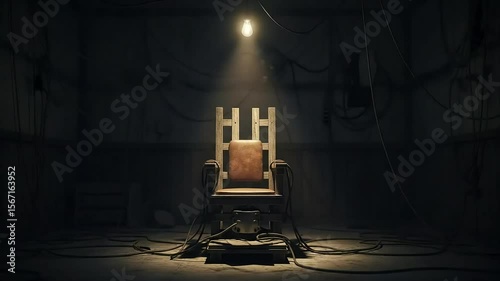 An ominous electric chair stands illuminated by a single bare bulb in a dark, desolate room