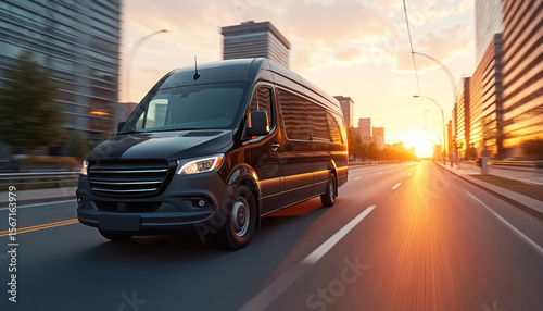 Black van moves swiftly on city road during sunset. Vehicle drives, representing modern transport, urban travel, passenger commute, business trips delivery service, commercial logistics. Focus on