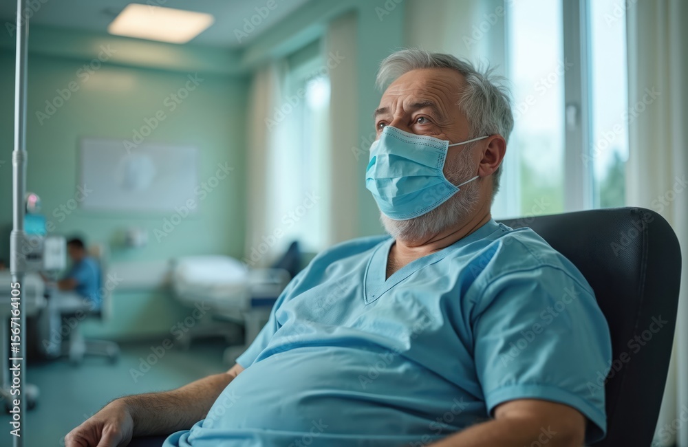 Mature patient wearing medical mask in hospital room. Overweight senior male rests, gets health treatment, therapy, recovers, resting. Medical healthcare concept, ward indoor, clinic, pandemic. Mature patient wearing medical mask in hospital room. Overweight senior male rests, gets health treatment, therapy, recovers, resting. Medical healthcare concept, ward indoor, clinic, pandemic.