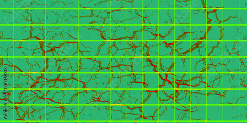 Abstract cracked texture with vibrant red and yellow vein patterns over a green background, resembling a digital topographic or neural map design.