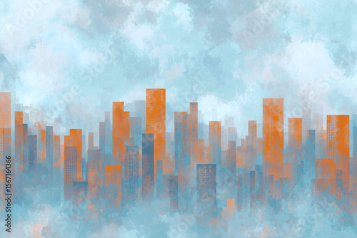 Artistic Watercolor City Skyline with Vibrant Orange and Blue