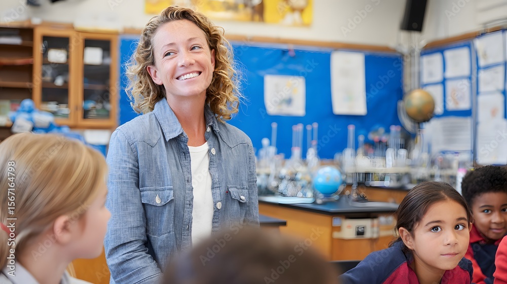 Obraz premium Smiling teacher with students in classroom elementary school education learning environment for kids happy