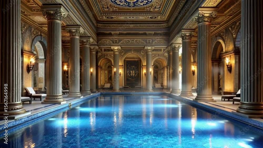 Luxurious Indoor Swimming Pool with Ornate Architecture, Grand Opulent Pool in a Palace Setting, Elegant Roman-Inspired Indoor Pool Area