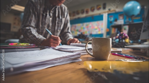Teacher grading papers in classroom setting with coffee mug on the desk for education concept