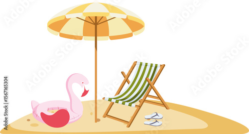 Beach chair, umbrella, inflatable flamingo. Summer vacation. Travel time concept. on the beach. Hand drawn simple vector illustration.