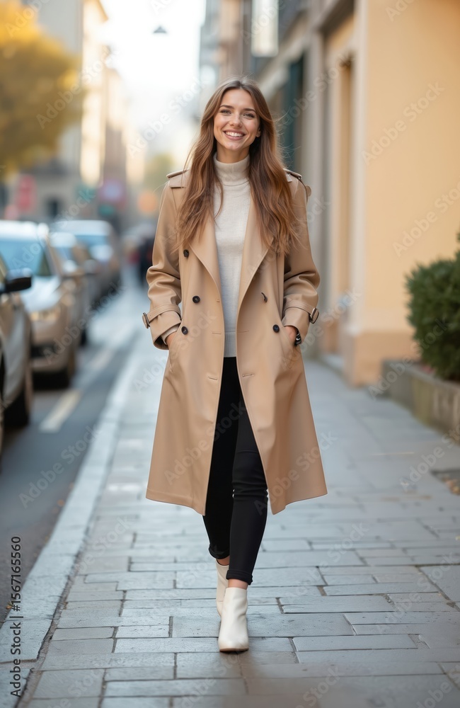 Fototapeta premium Beautiful young woman in beige raincoat, white boots walks down city street. Casual autumn outfit, fashion, style. Smiling, looking at camera, urban lifestyle, daylight, walking.