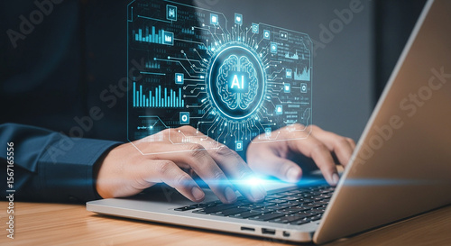 Person typing on a laptop with a glowing ai brain interface and data visualizations overlaying the screen