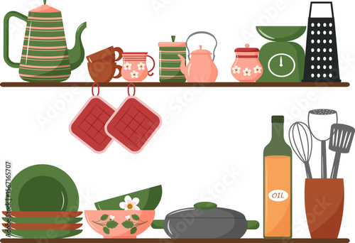Shelves with kitchen utensils. Cooking utensils - kettle, cups, scales and grater. Plates and salad bowls, olive oil and saucepan. Organization of space in the kitchen. Vector.