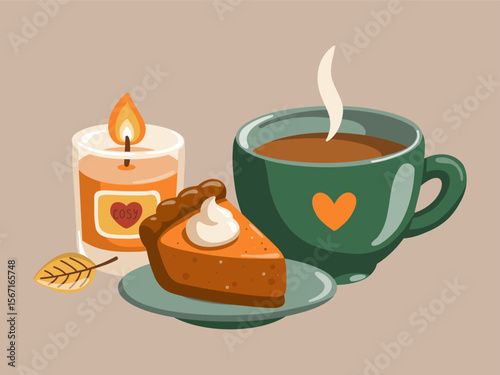 Autumn illustration with green cup, cosy candle and slice of pumpkin pie. Cartoon vector illustration on white background