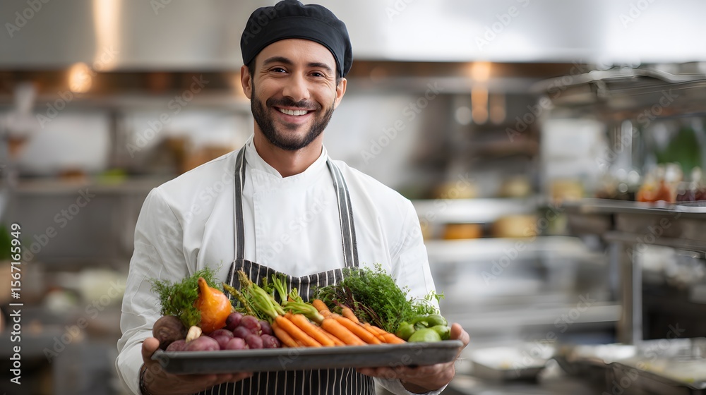 Fototapeta premium Professional chef holding fresh vegetables in restaurant kitchen for healthy food preparation