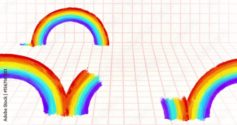 Many rainbows drawing moving from left to right on white grid background. Hand drawn in out cute crayons texture animation. Crazy doodle cartoon style frame by frame classic old style animation.