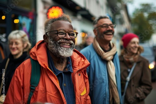 Mature black man with a beard in a red jacket and glasses on a city street