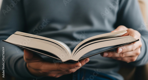Person holding an open book with white pages and a dark cover in their hands while wearing a gray shirt