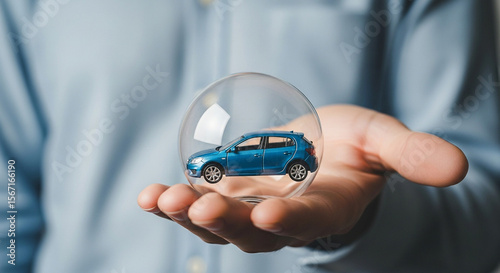 A blue toy car inside a clear bubble held in a person's hand with a light blue shirt background
