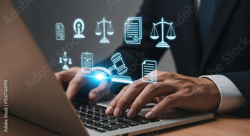 Hands typing on laptop with legal icons overlaid representing law and justice in the digital age