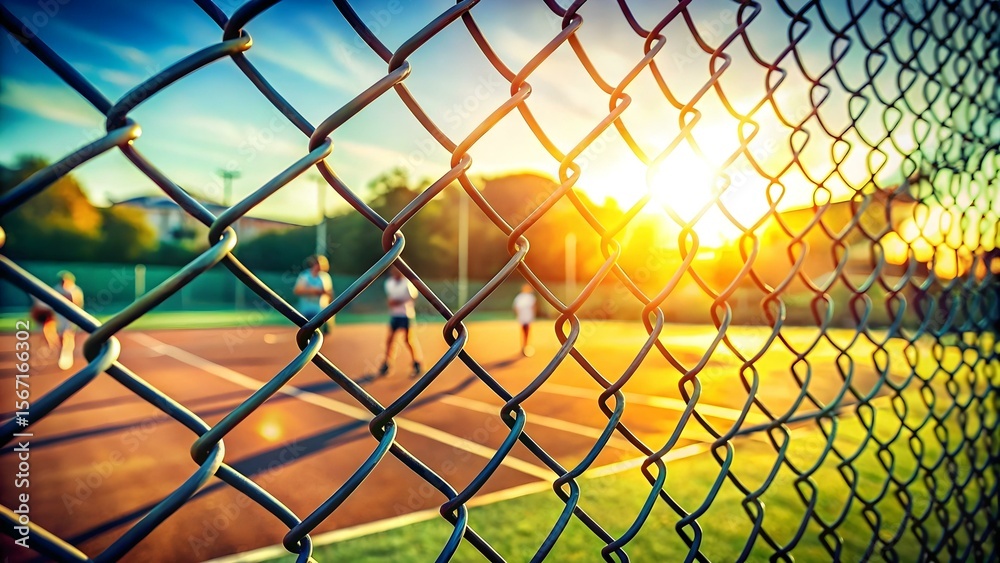 Fototapeta premium Blurry view of people playing tennis through a chainlink fence at sunset