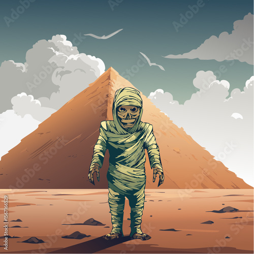 A horror vector of a mummy with unraveling wrappings reaching forward near a crumbling pyramid under storm clouds, full of dusty, gritty comic detail.