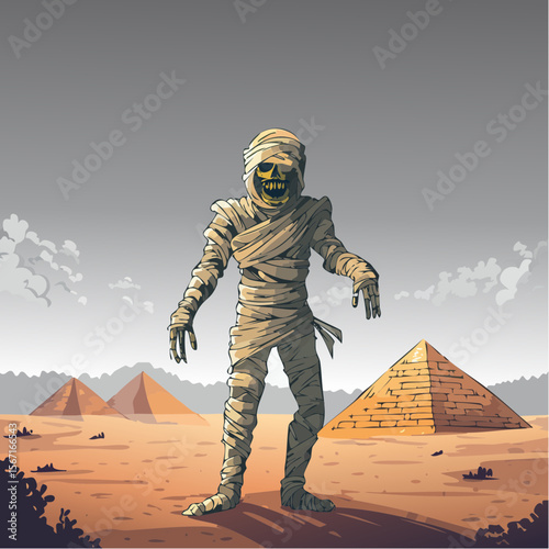 A horror vector of a mummy with unraveling wrappings reaching forward near a crumbling pyramid under storm clouds, full of dusty, gritty comic detail.