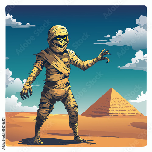 A horror vector of a mummy with unraveling wrappings reaching forward near a crumbling pyramid under storm clouds, full of dusty, gritty comic detail.