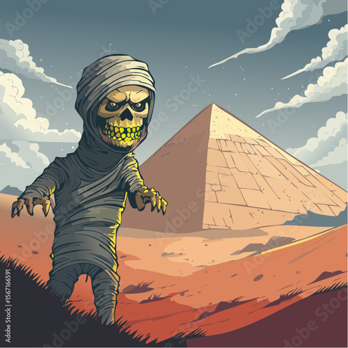 A horror vector of a mummy with unraveling wrappings reaching forward near a crumbling pyramid under storm clouds, full of dusty, gritty comic detail.