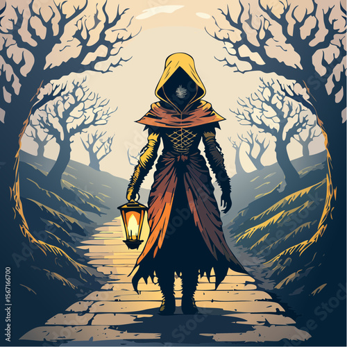 A spooky horror vector of a hooded figure holding a lantern, hidden in shadows on a misty trail through twisted hills, drawn in eerie comic style.