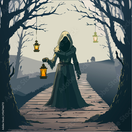 A spooky horror vector of a hooded figure holding a lantern, hidden in shadows on a misty trail through twisted hills, drawn in eerie comic style.